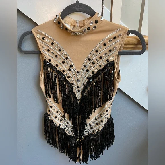 Glamour, Beaded & Jeweled Tan & Black Dance Costume w/ Built-in Leotard, Adult S - Picture 1 of 6